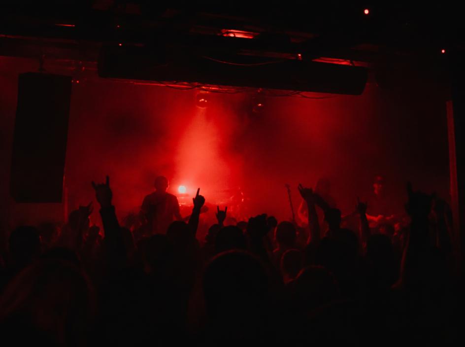 Crowd silhouettes with raised hands in a red-lit club