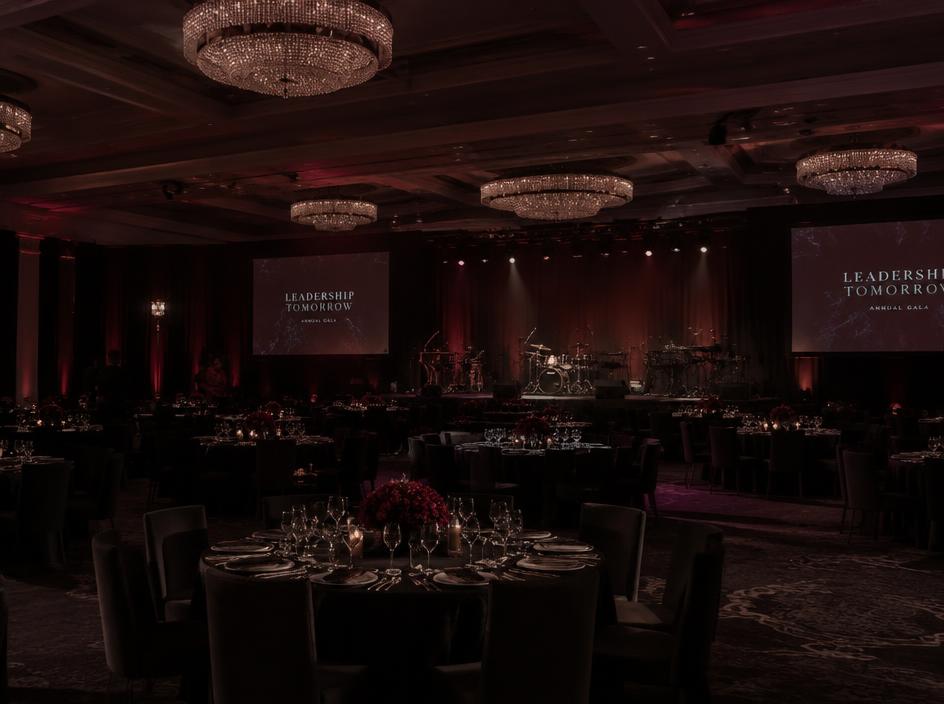 Elegant corporate gala ballroom with a band stage